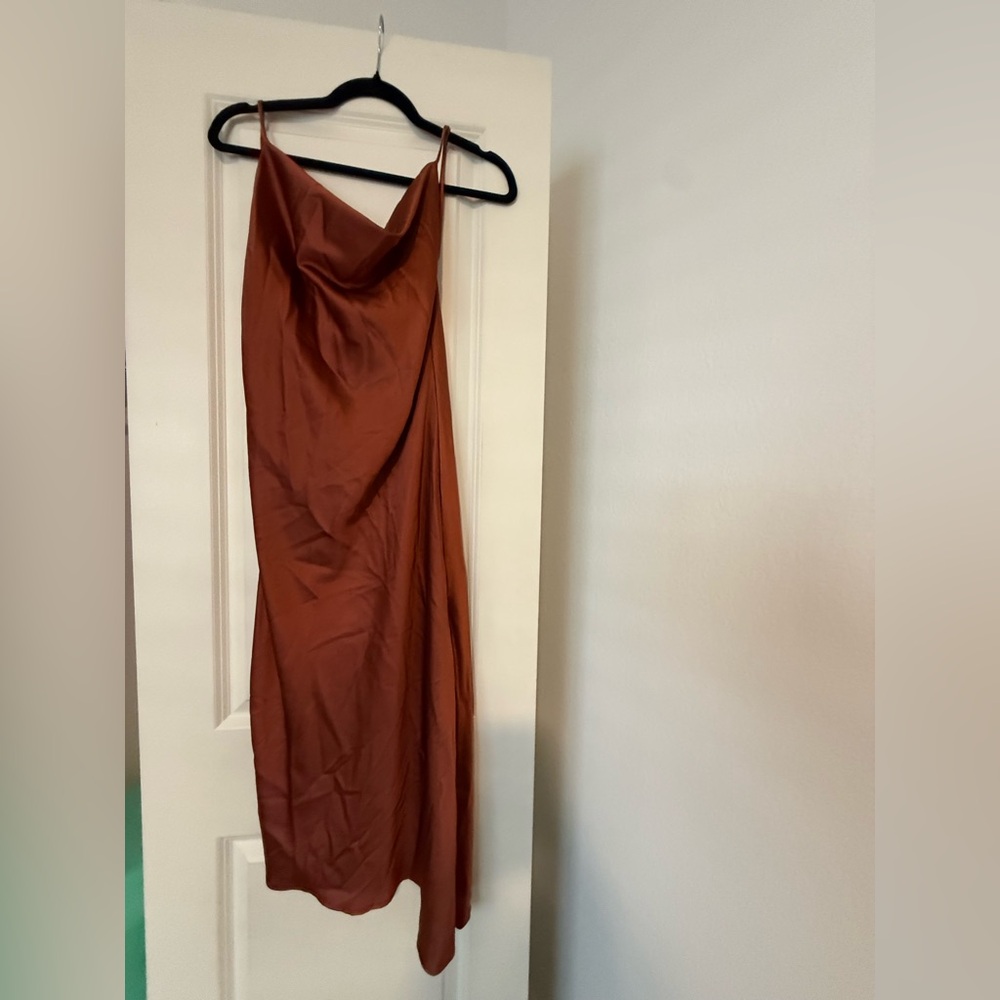 Petal & Pup Satin Cowl Midi Dress in Rust Orange